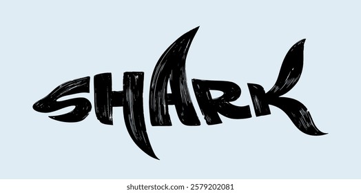 Stylized word in shape of shark. Black shark drawn with dry brush. Design logo for card, poster, holiday cover, web banner template lettering typography. Vector illustration.