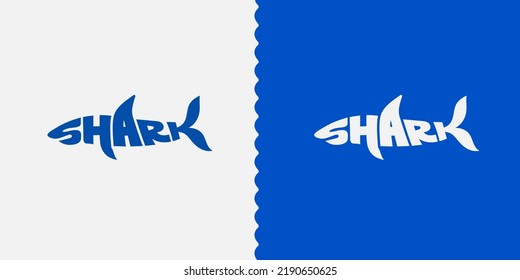 Stylized word in shape of shark. Set of black and white sharks. Design logo for card, poster, holiday cover, web banner template lettering typography. Vector illustration. Isolated on white background