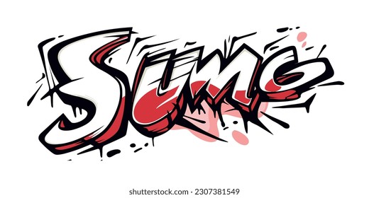 Stylized word "Sumo", bright graffiti, in comic style, with bold lines, vector art