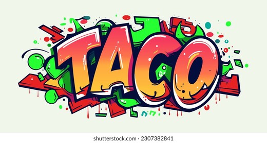 Stylized word "Taco", bright colorful graffiti, in comic style, with bold lines, vector art
