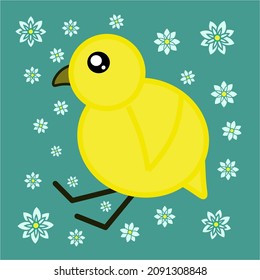 Stylized work for a child's drawing of a chicken. Cute yellow chicken .Abstract chicken drawing in the style of primitivism and avant-gardism are made in minimalistic shapes and colors.