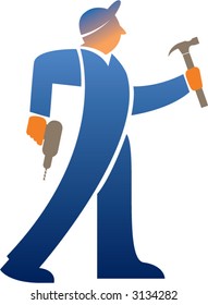 Stylized workman in blue coveralls with hammer and drill