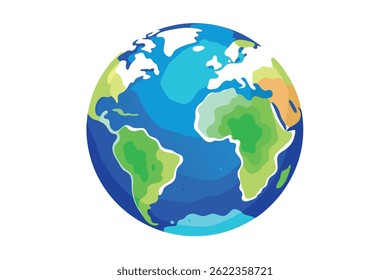 A stylized world globe features simplified continents in green and brown hues, surrounded by blue oceans; continents are shown on a transparent background.