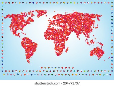 stylized world of love map with heart shape flags