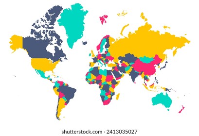 Stylized world map with all countries. World map with all countries in different colors.