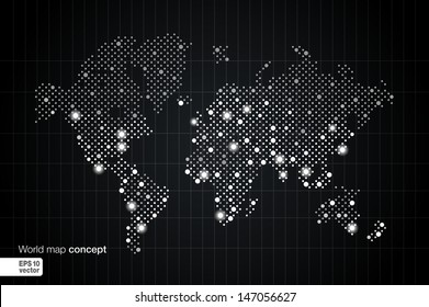 Stylized World Map concept with biggest cities. Globes business background. Night view with spot lights. Vector illustration. 