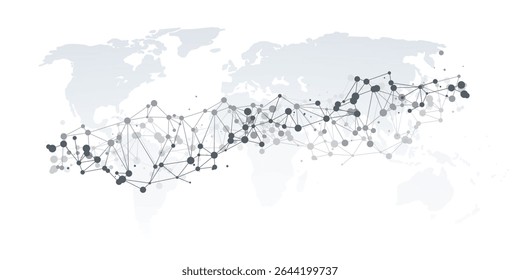 A stylized world map with a grid of polygonal network grid, nodes connected by lines, symbolizing global communication, data exchange, and digital connectivity.