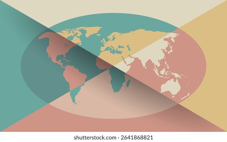 Stylized world map illustration. A modern world map featuring soft pastel colors and geometric shapes. This design is ideal for themes related to unique and global awareness.