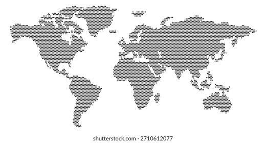 Mapa de mundo estilizado feito de triângulos pretos sobre fundo branco, representando a geografia global abstrata.