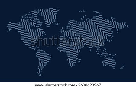 Stylized world map made of diagonal blue lines on a dark blue background editable vector