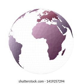 Stylized world map in orthographic projection. Low-poly vector illustration. Shades of purple and white.