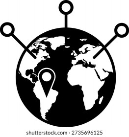 A stylized world map with a pinpoint on South America, connected to five external points by lines, symbolizing global connectivity and international communication.