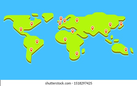 Stylized world map with pins on main capital cities. Simple flat vector illustration in 3D isometric style. Business and worldwide global communication.