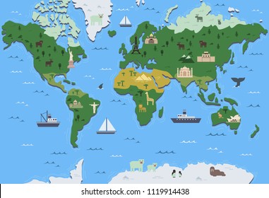 Stylized world map with tourist attraction symbols. Simple geographical map. Flat vector illustration.