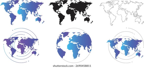 Stylized World Map Vector Set with Gradient, Silhouette, and Circular Globe Projections, Full precise vector world map