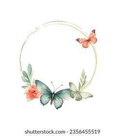 Stylized wreath with flowers and butterfly. Round floral frame for your text. Vector card with butterflies and flowers.