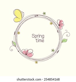 Stylized wreath with flowers and butterfly. Round floral frame for your text