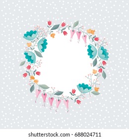 Stylized wreath of flowers vector composition on polka dots background for Valentine's Day, wedding,  Mother's Day, sales and other events, for prints, greeting cards, posters, invitations.