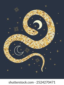 Stylized wriggling snake of yellow gold color. Abstract illustration for sublimation, posters and prints. Decorative illustration of serpent with golden skin created from hexagons.