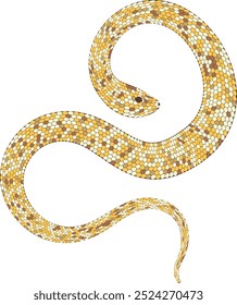 Stylized wriggling snake of yellow gold color. Abstract illustration for sublimation, posters and prints. Decorative illustration of serpent with golden skin created from hexagons.