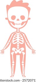 Stylized x ray illustration of a child's skeleton, highlighting bones and skull against a pink silhouette, perfect for educational and medical contexts in anatomy and health