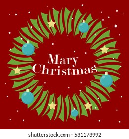Stylized Xmas wreath decorated with balls and stars. simple greeting text in the center and falling snow. Mary Christmas. Red background. Vector illustration.