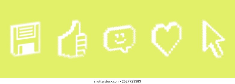 Stylized y2k vector illustration on yellow green bg. Halftone dot pattern. Abstract grunge overlay texture. Dotted design elements. Floppy, thumbs up, smile face, heart shape, speech bubble, cursor