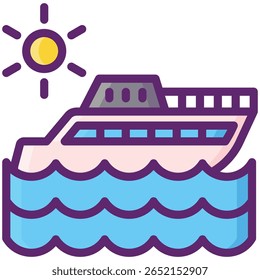 Stylized Yacht on Blue Waves with Yellow Sun Icon Illustration