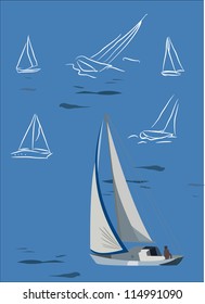 Stylized yacht white on blue background