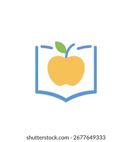 A stylized yellow apple with a green leaf, centered within a blue outline resembling an open book, simple and clean design.