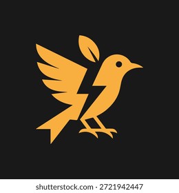 Un pájaro amarillo estilizado con un rayo integrado en su cuerpo, alas extendidas y dos hojas en su espalda, sobre un fondo negro.