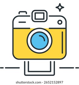 Stylized Yellow Camera Icon with Blue Lens and Star Detail