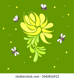 Stylized yellow chrysanthemum, surrounded by honey bees.