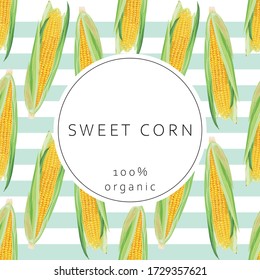Stylized yellow corn with leaves. Organic sweet corn. Banner, poster, wrapping paper, sticker, label, logo, print, modern textile design. Vector illustration. 