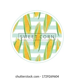 Stylized yellow corn with leaves. Sweet corn. Banner, poster, wrapping paper, sticker, print, emblem, logo, modern textile design. Vector illustration. 
