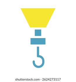 Stylized yellow crane hook illustration with block and tackle mechanism element