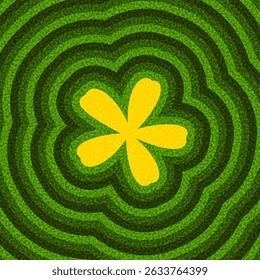 Stylized yellow flower over vibrant green radial waves and dark textured tones. Vector illustration.