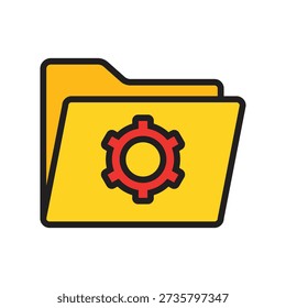 Stylized yellow folder icon with red gear symbol, representing settings or configuration files. Perfect for UI design, system management, software tools, and digital interface projects.