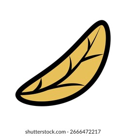 Ein stilisiertes gelbes Blatt mit schwarzen Umrissen und Adern, als einfaches grafisches Element dargestellt. Diese Herbst-thematische Illustration stellt Natur und Pflanzenleben dar, geeignet für verschiedene Designprojekte.