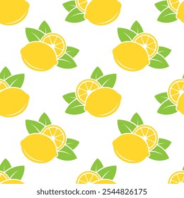 Stylized yellow lemons and green leaves on white background. Vector seamless pattern.
