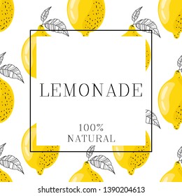 Stylized yellow lemons with leaves on a white background and with the text "lemonade". Banner, poster, wrapping paper, sticker, print, modern textile design. Vector illustration. 