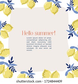 Stylized yellow lemons with leaves on a white background and with the text "Hello summer". Banner, poster, wrapping paper, sticker, print, modern textile design. Vector illustration