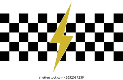 Relámpago amarillo estilizado sobre un patrón de tablero de ajedrez en blanco y negro, que transmite velocidad, potencia y contraste en un Diseño gráfico audaz.

