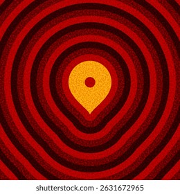 Stylized yellow location pin centered on bold red concentric ripple pattern. Vector illustration.