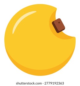 A stylized yellow moon with a bite taken out and a chocolate chip embedded in the bite mark.