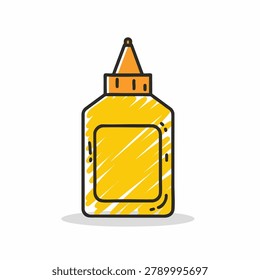 A stylized yellow mustard condiment squeeze bottle icon featuring a simple flat design with scribble texture effects on a white background