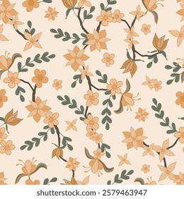 Stylized Yellow Ochre and Honey Yellow and Pastel Mustard Yellow Flowers on Trailing Vines on Pale Butter Yellow Background creating a seamless pattern print background