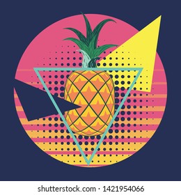 Stylized yellow orange pineapple with geometric elements abstract retro style design.