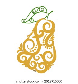 pera amarilla estilizada con un patrón de doodle sobre un fondo blanco. Elemento decorativo para el diseño de productos impresos