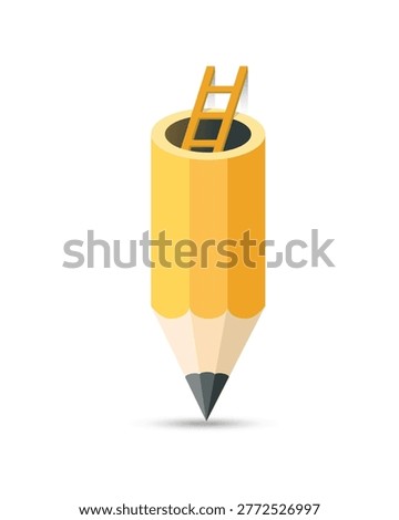 A stylized yellow pencil design with a hollow circular top containing a small ladder, symbolizing creativity, learning, and progress, merging everyday objects with imaginative artistic concepts.